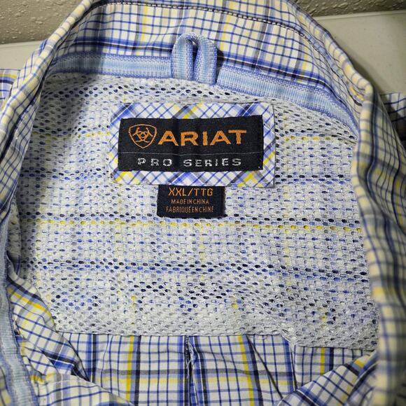 Ariat Pro Series Blue Yellow Plaid Western Short Sleeve Button Up Shirt Size XXL - Picture 5 of 5